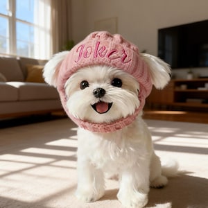 Puede incluir: Un perro pequeño y blanco que lleva un gorro rosa tejido con la palabra "Joker" bordada. El perro está sentado sobre una alfombra de color claro, con una expresión feliz. El gorro cubre las orejas y la cabeza del perro.