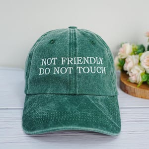 Könnte beinhalten: Eine grüne Baseballkappe mit dem gestickten Text "NOT FRIENDLY DO NOT TOUCH" in Weiß. Die Kappe hat einen gebogenen Schirm und einen Stoffriemenverschluss. Der Hut ist aus weichem, abgenutztem Material.