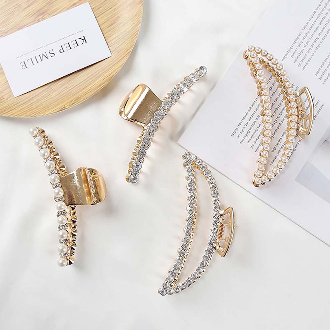 Pearl Rhinestone Hair Claw Clip Pearl Hair Claws Metal Shark Etsy