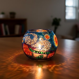 Van Gogh Sternennacht Kerzenhalter – Geschenk für Kunstliebhaber – Teelichtlampe aus Buntglas