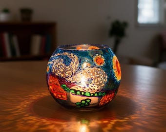 Van Gogh Starry Night Candle Holder – Art Lover Gift – Stained Glass Tealight Lamp