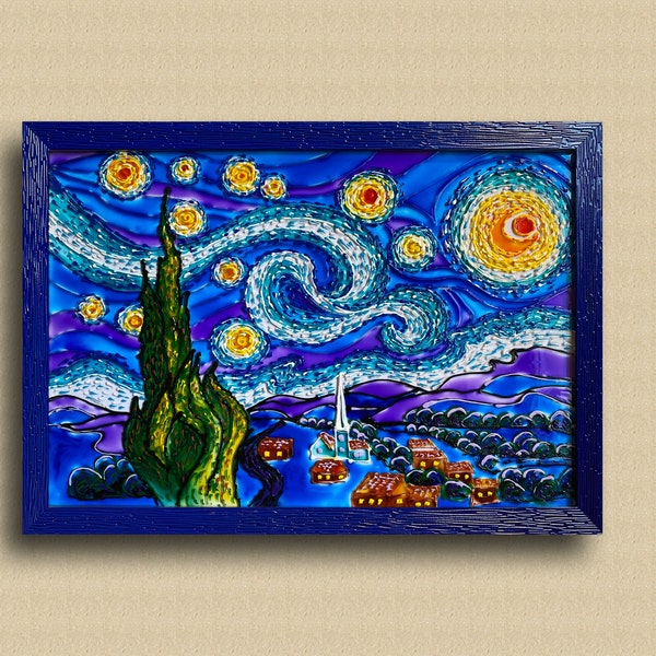 Panneau de vitrail Reproduction par Van Gogh Starlight Night Vitrail peinture Paysage de nuit art mural Ciel nocturne décor mural cyprès