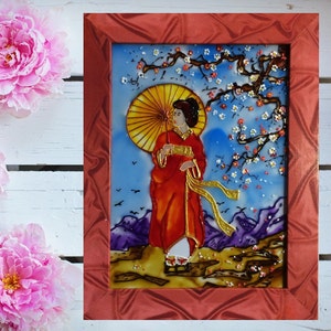 Geisha glass painting Original art Stained glass panel Japanese wall art Cherry blossom tree Geisha red kimano Japanese Freestanding decor