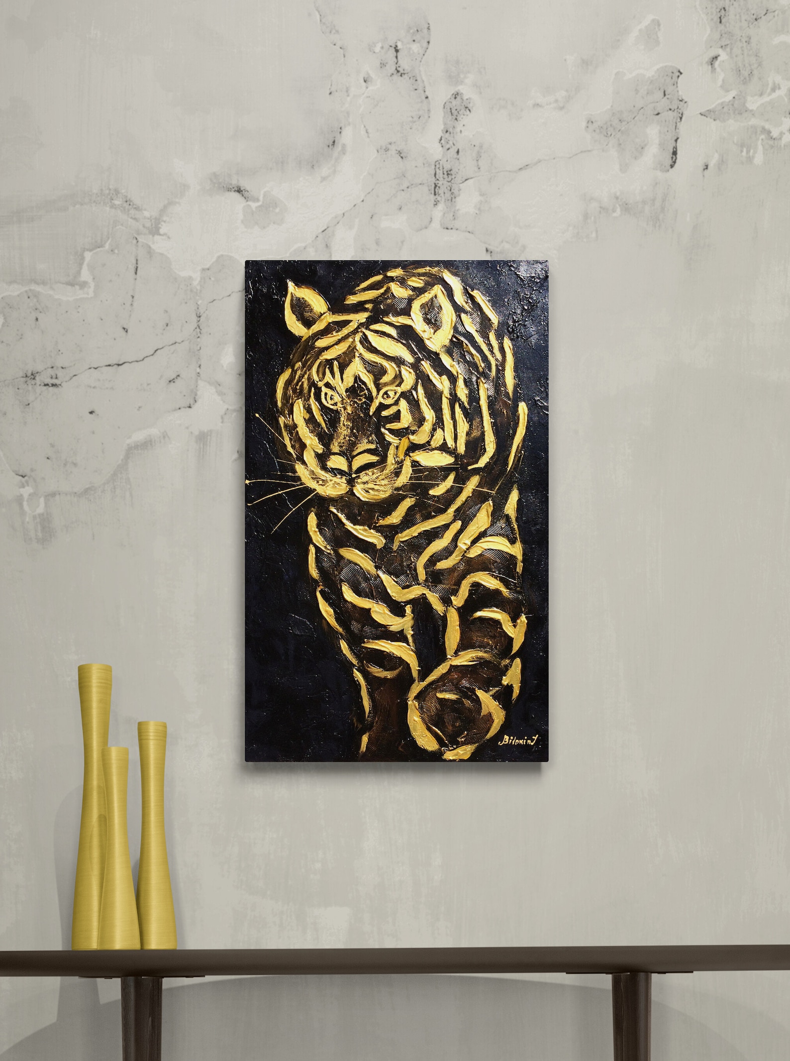 Golden abstract tiger wall art Acrylic original painting Black | Etsy