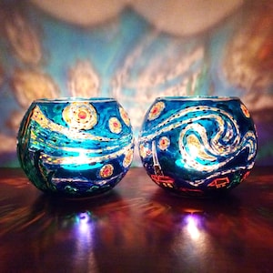 Candlesticks set Van gogh Starry night Fairy lamp Glass vase round Stained glass hand painted lamp Tealight holder Candle vessels