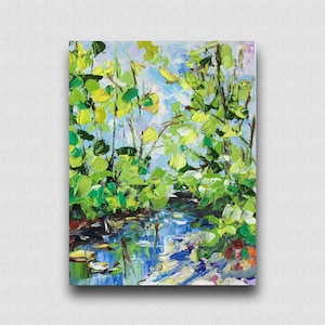 landscape Original oil painting Nature Scenery Green painting Forest mini painting Spring small wall decor River art Tree framed wall art