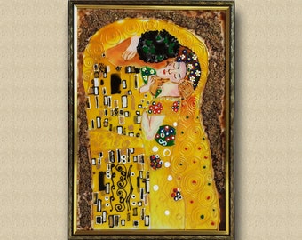 グスタフ・クリムト「接吻」クリスタルガラスのオリジナル絵画ステンド