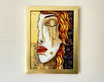 Panel de vidrieras Gustav Klimt Lágrimas doradas Arte en vidrio Pintura original Mujer Regalo nuevo para el hogar Regalo único Arte de pared dorado Decoración de habitación de chica adolescente