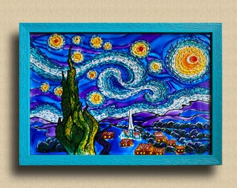 Panel de vitral "Noche estrellada", pintura de vidrio inspirada en Van Gogh, decoración de pared enmarcada