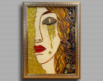 Panel de vidrieras Lágrimas doradas Gustav Klimt Arte en vidrio Pintura original Mujer Regalo único Arte dorado Decoración de habitación de adolescente Arte de pared de dormitorio