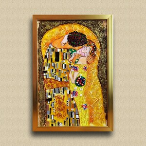 The Kiss Gustav Klimt Kiss couple gift Stained glass panel Framed hand painted glass I love Engagement gift Glass Valentines day home decor