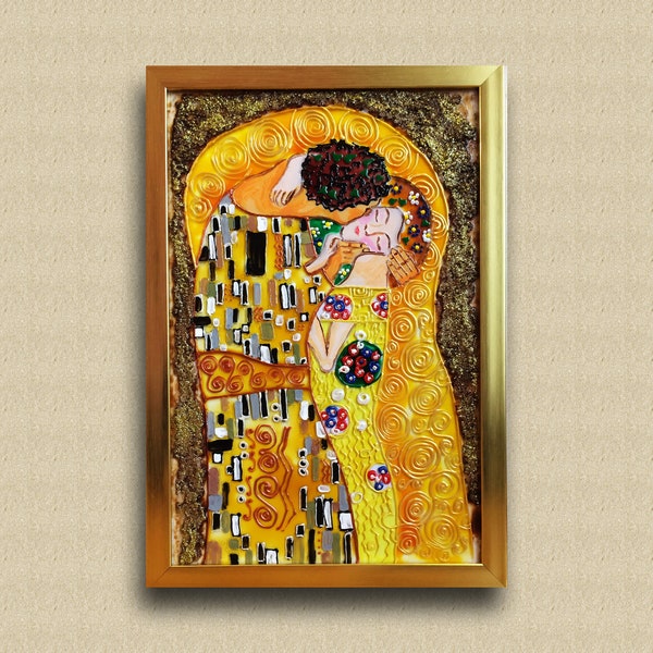 Panneau de vitrail Le baiser Gustav Klimt Kiss couple Vitrail encadré J’aime cadeau Cadeau de fiançailles Peinture sur verre Saint-Valentin