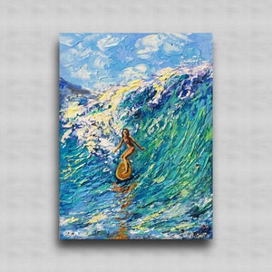 Original acrylic painting Surf art Ocean wave Water Waves art, Surfer girl Figure Woman surfing Framed beach art Textured wall art
