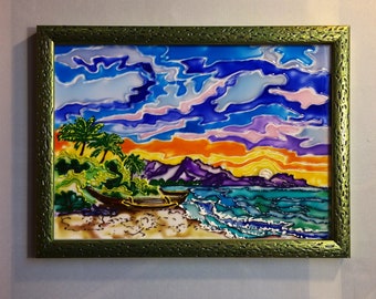 Paisaje marino Amanecer Panel de vitral Paisaje Hawái Arte costero Pintura original sobre vidrio Arte caribeño Playa Atardecer Cielo colorido