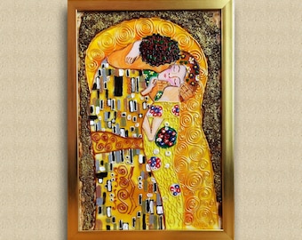 グスタフ・クリムトの「接吻」絵画、額入りガラスアート、手描き