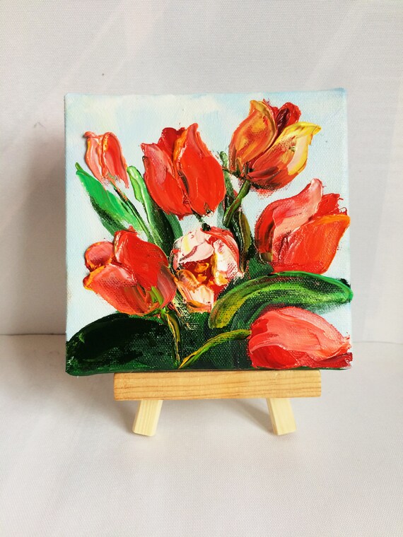 Tulpen Mini Leinwand Malerei Kleine blumen Leinwand Rote Blume Gemälde Deko Wand Kunst original Mini Dekor auf dem Tisch Winziges Kunstwerk