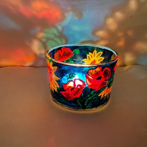 Tea light holder Candlestick holder Ukraine home decor Fairy lamp flower glass painting Sunflowers Poppies Ukraine symbol Candle vessels