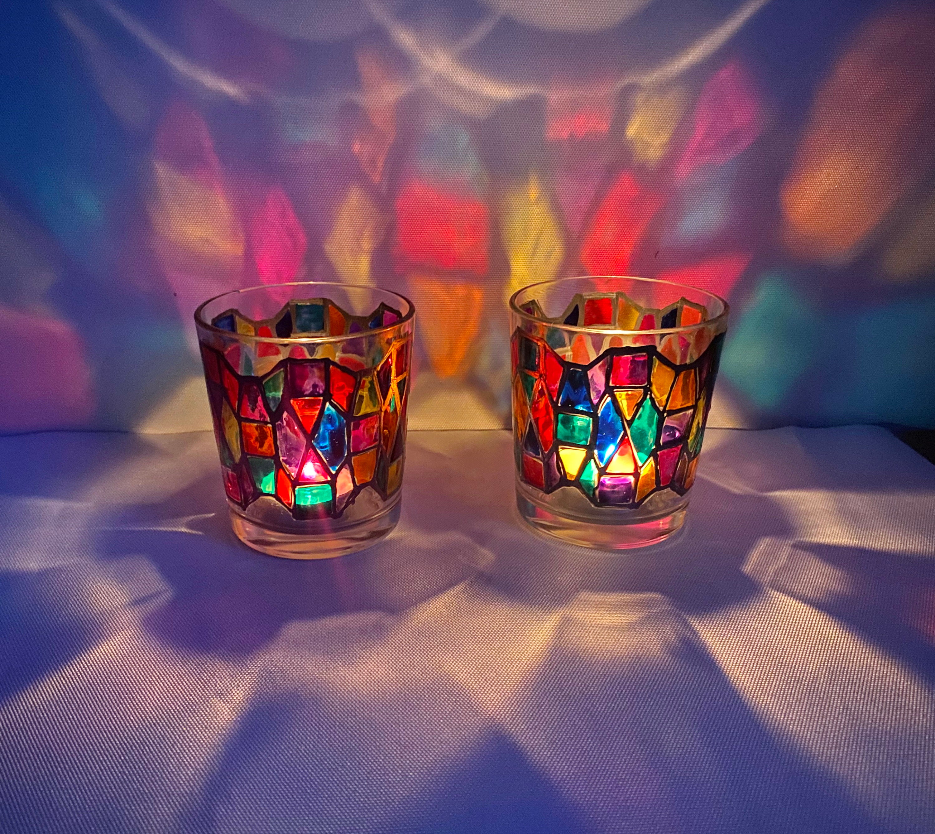 Stained Glass Candle Holder Set of 2 Holder Desk Organizer Round