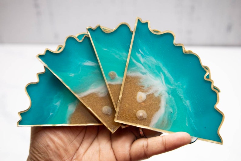 Sea shells resin coaster set coastal home decor housewarming Etsy