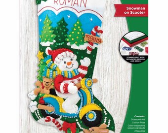 Bucilla Filz- Strumpfpackung Schneemann auf Roller # 89304 E - *NEU/UNGEÖFFNET*