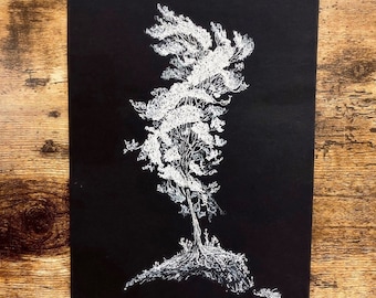 Moonlight no5 | Original White ink on black paper, reverse art fine line pen drawing. Opposite monochrome wall artwork. Japanese pine tree