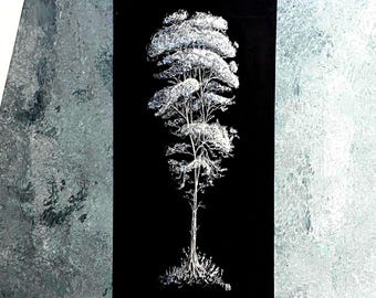 Moonlight no8 | Original White Ink on Black Paper, reverse art, fine line pen drawing. Opposite monochrome wall artwork. Japanese Pine Tree