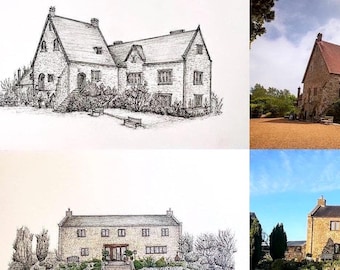 Portraits of Houses | Commissioned custom made ink drawing. Fine line black and white original illustration. Hand drawn beautiful art gift.
