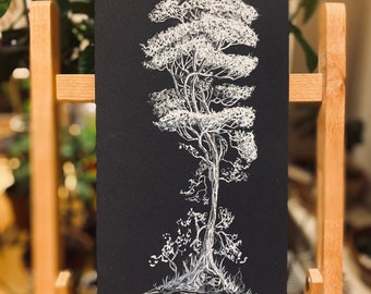Moonlight no7 | Original White Ink on Black Paper, reverse art, fine line pen drawing. Opposite monochrome wall artwork. Japanese Pine Tree