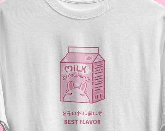 Erdbeermilch-T-Shirt | Niedliches T-Shirt, Kawaii-T-Shirt, Japanisches T-Shirt, Shirt mit japanischem Essen, Kawaii-Food-T-Shirt, Kawaii-Kleidung, Unisex