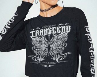 Camiseta de manga larga con gráfico Y2K, camiseta de mariposa Y2K, manga larga Y2K, camisa alternativa, top de mariposa, ropa Y2k, moda Y2k, camisa E Girl, grunge Y2K