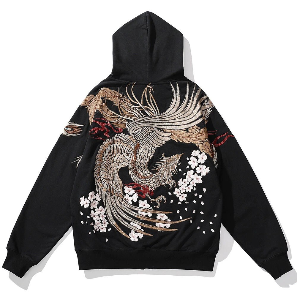 Japanese Phoenix Embroidery Hoodie Men Harajuku Streetwear - Etsy