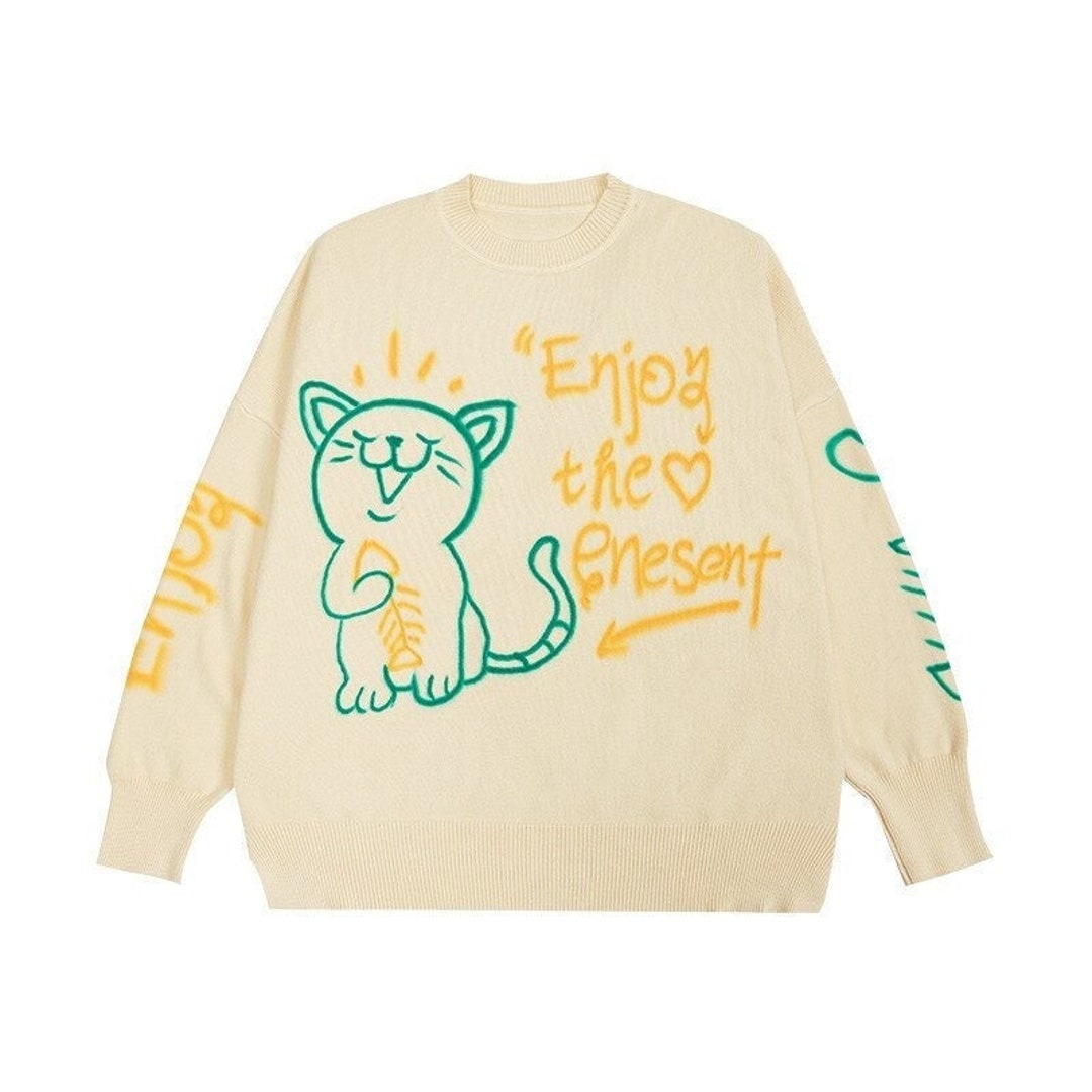 Japanese Knitted Sweater Cartoon Cat Knitted Sweater Vintage Etsy