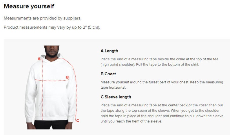 May include: Diagram showing how to measure the length, chest, and sleeve length of a white hoodie. The diagram shows a person wearing the hoodie and the measurements are labeled with letters A, B, and C.