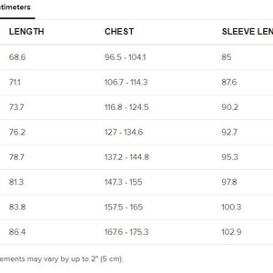 May include: Size chart showing measurements in inches and centimeters for a garment. The chart includes sizes S through 5XL, with measurements for length, chest, and sleeve length.