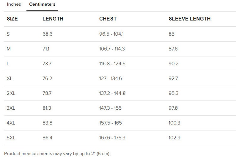 May include: Size chart showing measurements in inches and centimeters for a garment. The chart includes sizes S through 5XL, with measurements for length, chest, and sleeve length.
