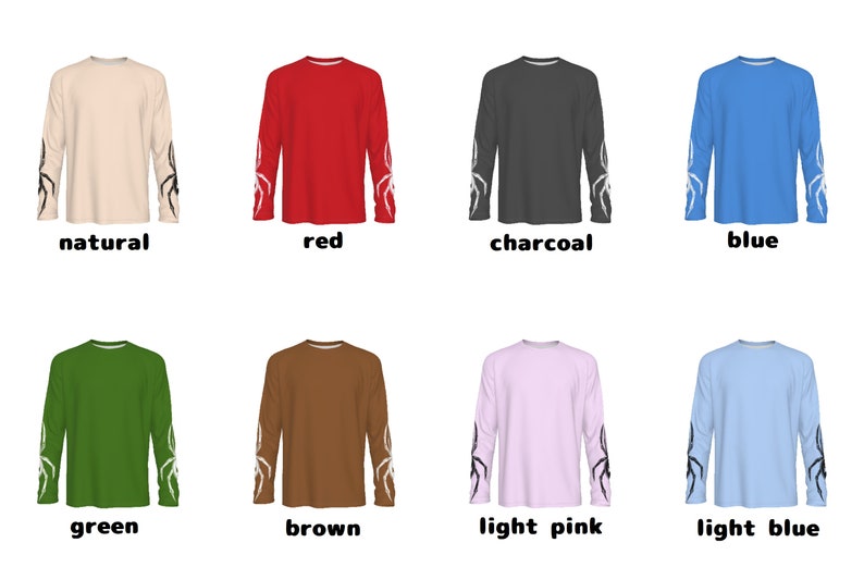 Puede incluir: Ocho camisas de manga larga en diferentes colores: natural, rojo, carb&oacute;n, azul, verde, marr&oacute;n, rosa claro y azul claro. Cada camisa tiene un dise&ntilde;o tribal en blanco y negro en las mangas.