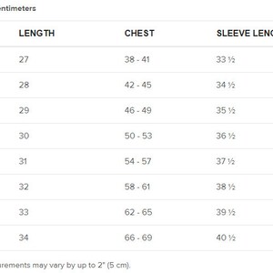 May include: Size chart for clothing with measurements in inches and centimeters. The chart shows sizes from S to 5XL with corresponding length, chest, and sleeve length measurements.