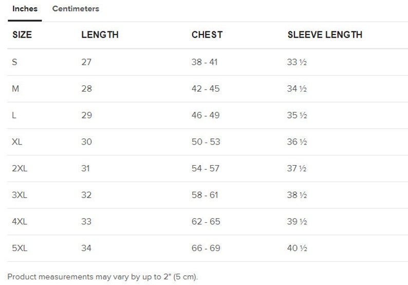 May include: Size chart for clothing with measurements in inches and centimeters. The chart shows sizes from S to 5XL with corresponding length, chest, and sleeve length measurements.