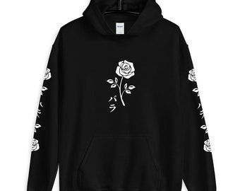 Roses Hoodie, Rose Hoodie, Goth, Black Hoodie, Oversized, Stretwear, Gothic, Grunge Hoodie, White Rose, Dark, Japanese Hoodie, Unisex Hoodie