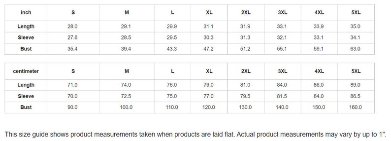 Puede incluir: Tabla de tallas para ropa en pulgadas y cent&iacute;metros. La tabla muestra las medidas de longitud, manga y busto para las tallas S a 5XL.