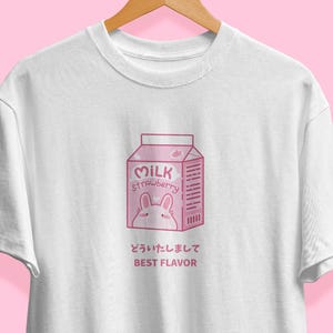 Camiseta Leite com Morango | Camiseta fofa, camiseta kawaii, presente fofo, camiseta japonesa, camiseta da moda, camiseta de anime, roupas kawaii