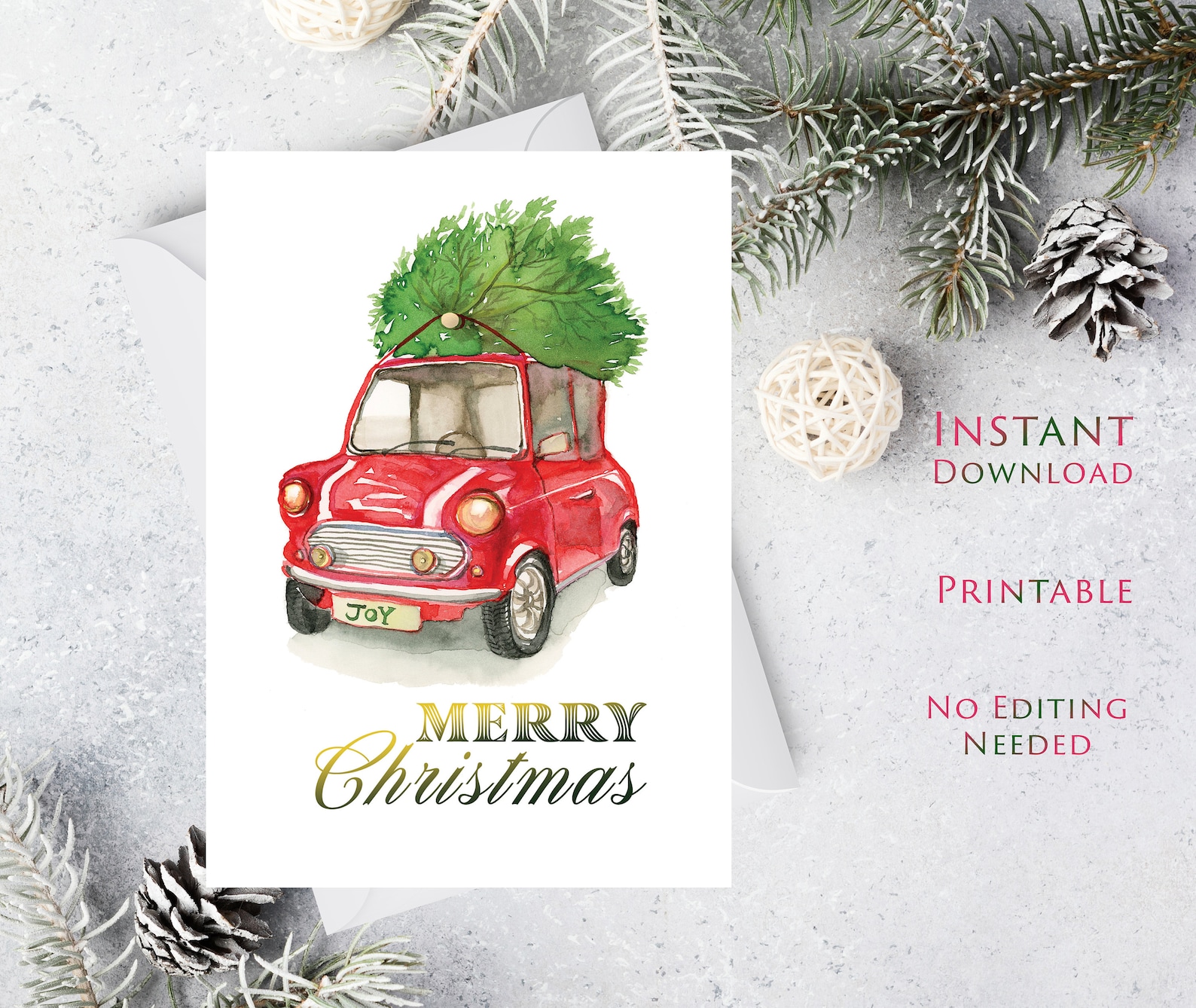 Printable Merry Christmas Card Instant Download Red Car | Etsy
