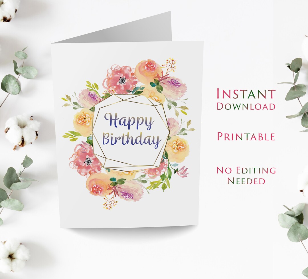Printable Floral Card, Instant Download, Happy Birthday Card, Digital ...