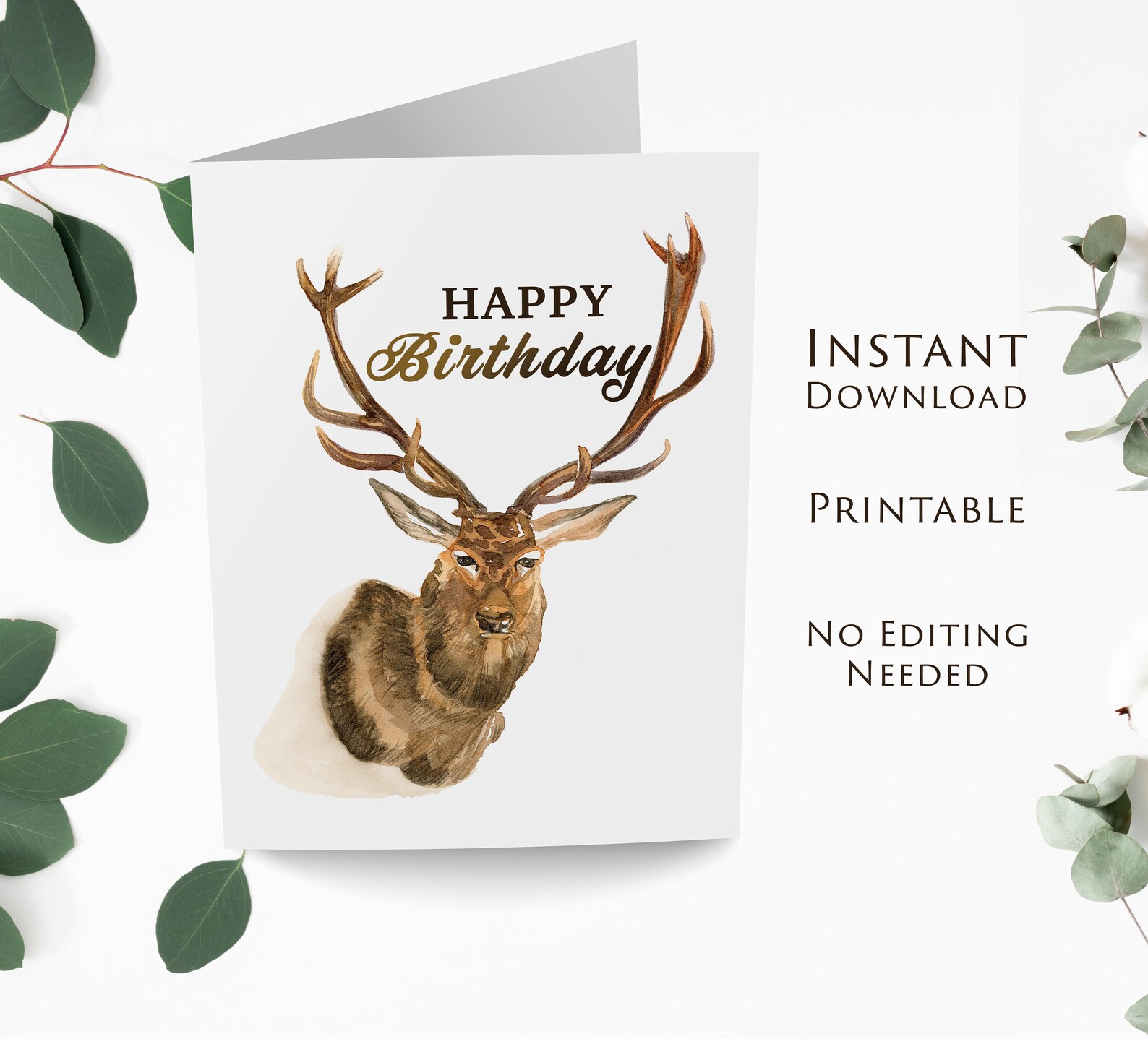 Printable Deer Head Happy Birthday Card, Instant Download, Deer Head ...
