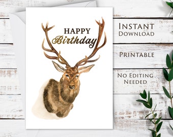 Printable Deer Head Happy Birthday Card, Instant Download,  Deer Head Card, Digital Card, Social Distance, Greeting Card PHB05