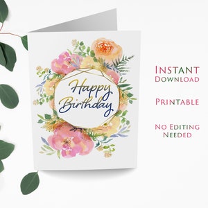 Carte florale imprimable, téléchargement immédiat, carte de joyeux anniversaire, carte numérique, distance sociale, carte de voeux PHB01