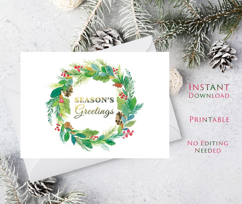 Printable Season’s Greetings Card, Instant Download, Christmas Wreath ...