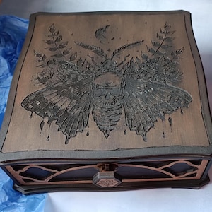 Handmade Wooden Box with Occult Engraving – Butterfly with Skull Design, Sliding Drawer, and Felt Lining