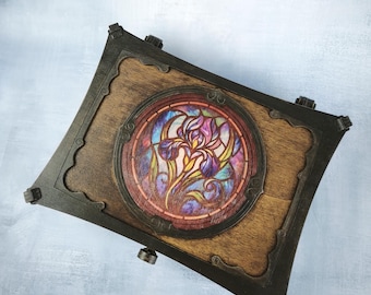 Wooden Jewelry Box with Iris Stained Glass Design, Large Keepsake Box with Modular Compartments, Unique Art Nouveau Gift for Her, Felt Lined