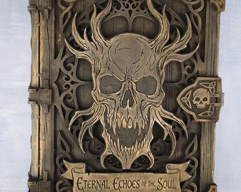 May include: A wooden book with a detailed skull design on the cover. The cover is brown with a skull in the center, and the text "Eternal Echoes of the Soul" is on a banner below the skull. The book has metal hinges and a clasp.